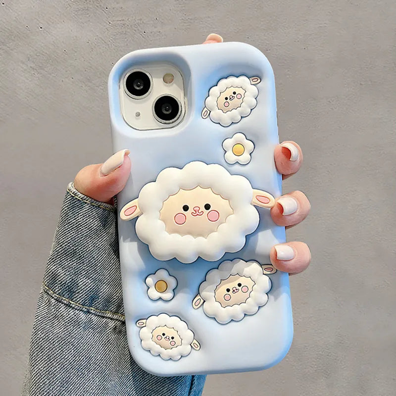 Cute Sheep Folding Stand Holder iPhone Case Soft Silicone Lamb Bracket Back Cover Fundas