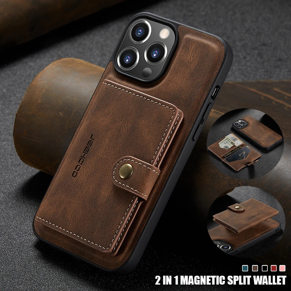 iPhone Case 2 In 1 Detachable Magnetic Leather Wallet Case Slim Cover Cards Holder Bag Brown
