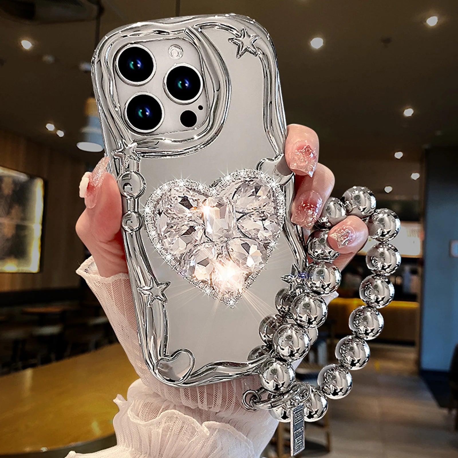 Glitter Silver Plating Diamond Heart iPhone Case