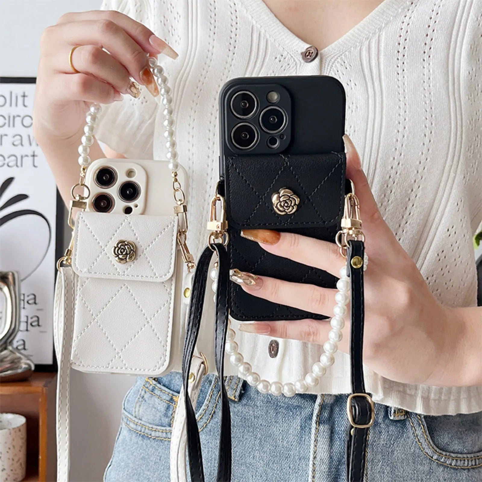 Crossbody Phone Case 3D metal Camilla Card Bag Wallet Pearl Strap Holder White