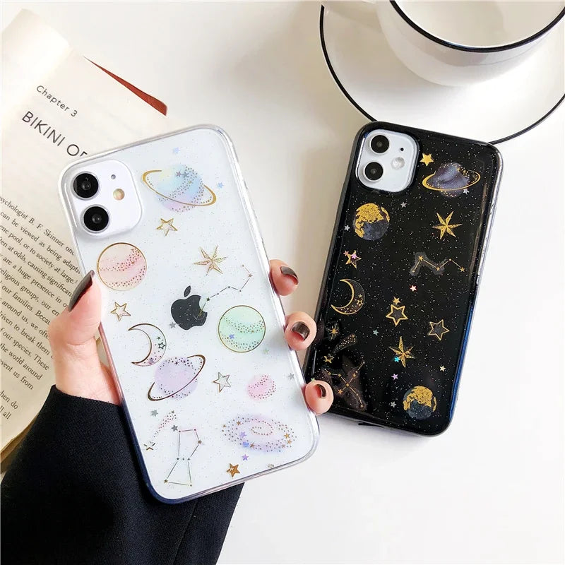 Glitter Bling Stars Moon Phone iPhone Case Space Planet Soft TPU Back Cover
