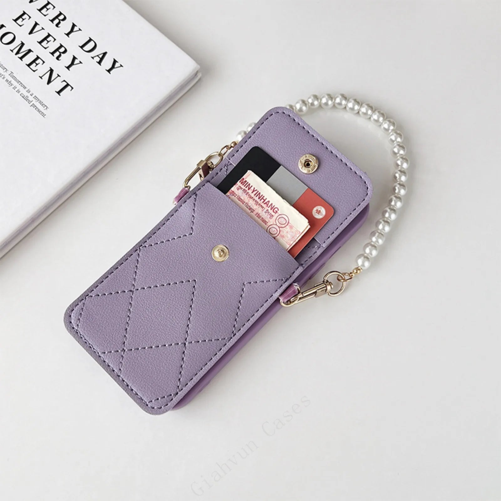 Crossbody Phone Case 3D metal Camilla Card bag wallet Pearl Strap Holder Pink