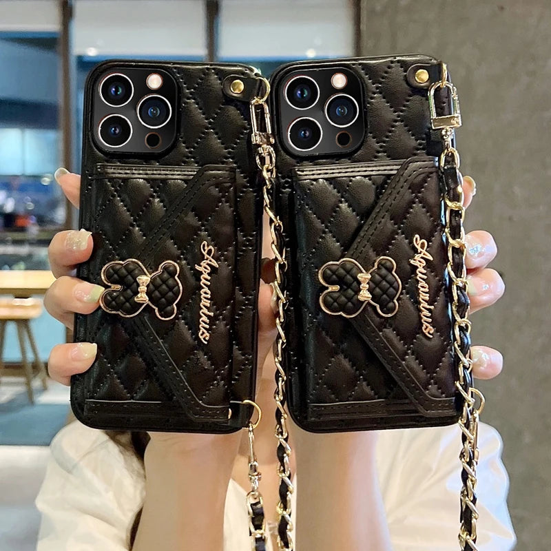 Leather Purse iPhone Case Luxury Rhombic Pattern Card Inserting Bag Female