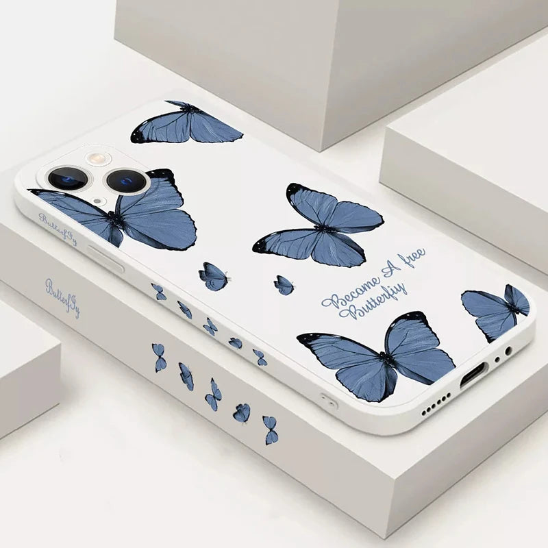 Silicone iPhone Case Protective Shockproof Matte Soft Cover White Blue Butterflies