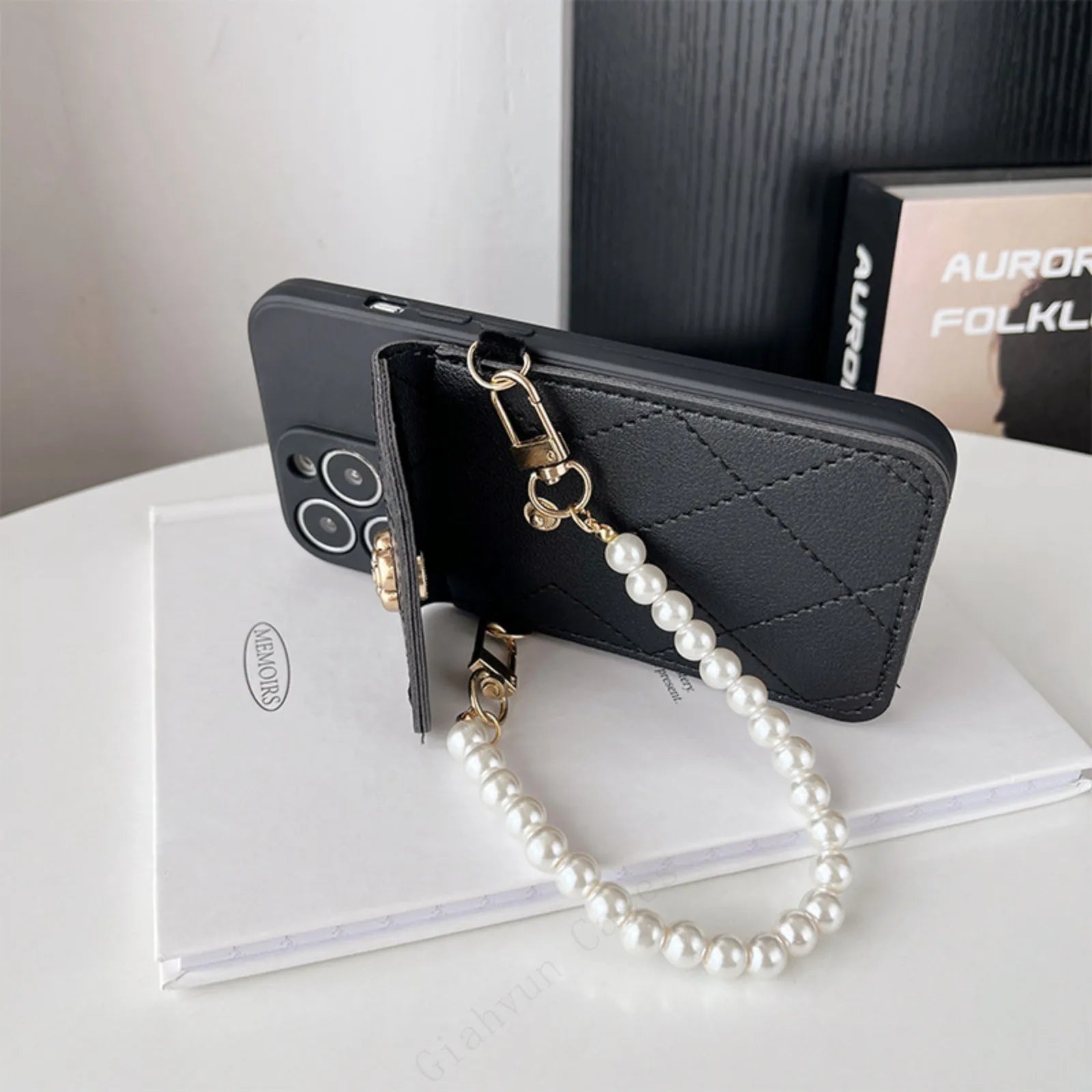 Crossbody Wallet iPhone Case Card Bag Pearl Strap Purple