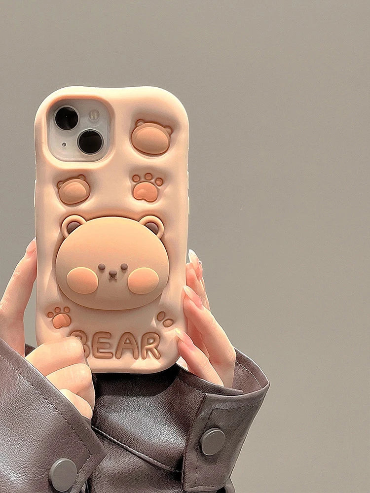 Lovely 3D Bear Hidden Holder Stand Silicone iPhone Case Cute Bear