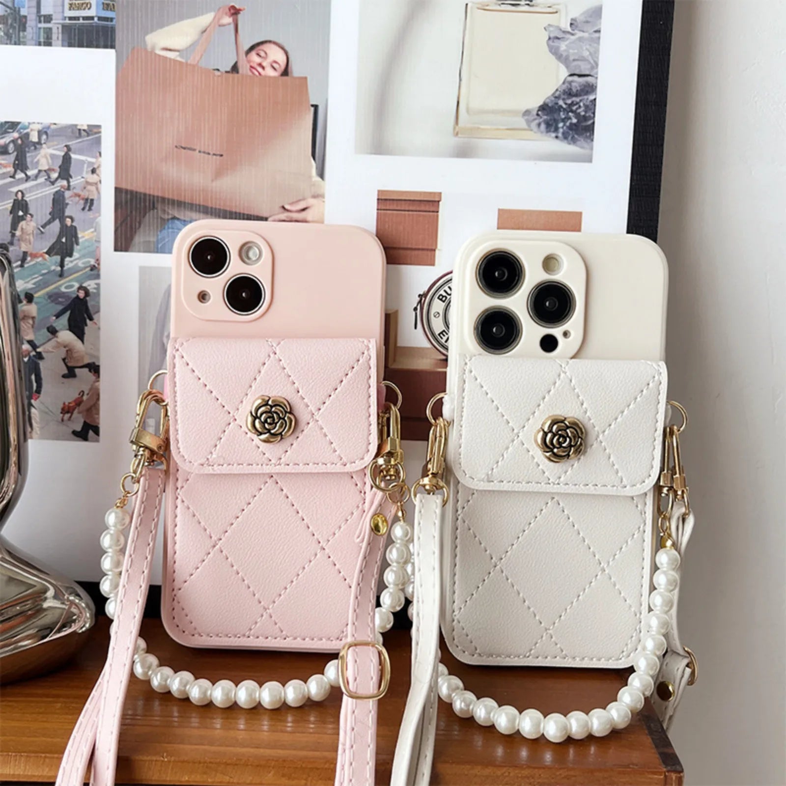 Crossbody Wallet iPhone Case Card Bag Pearl Strap Pink