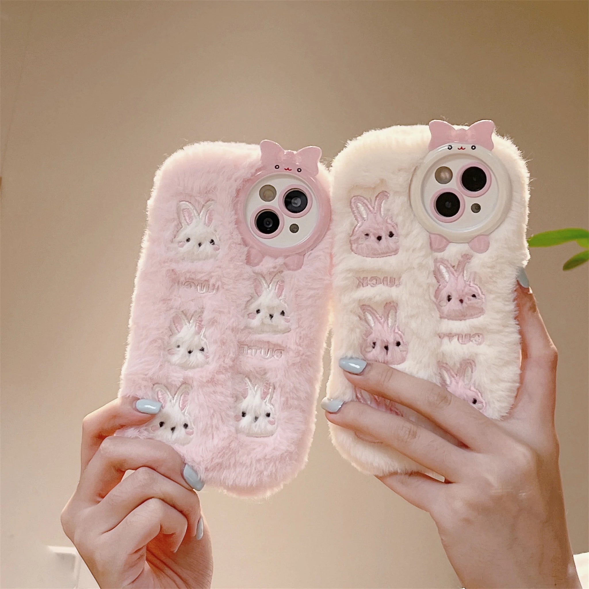 Cute Pink White Rabbit Furry Fluffy iPhone Case Soft